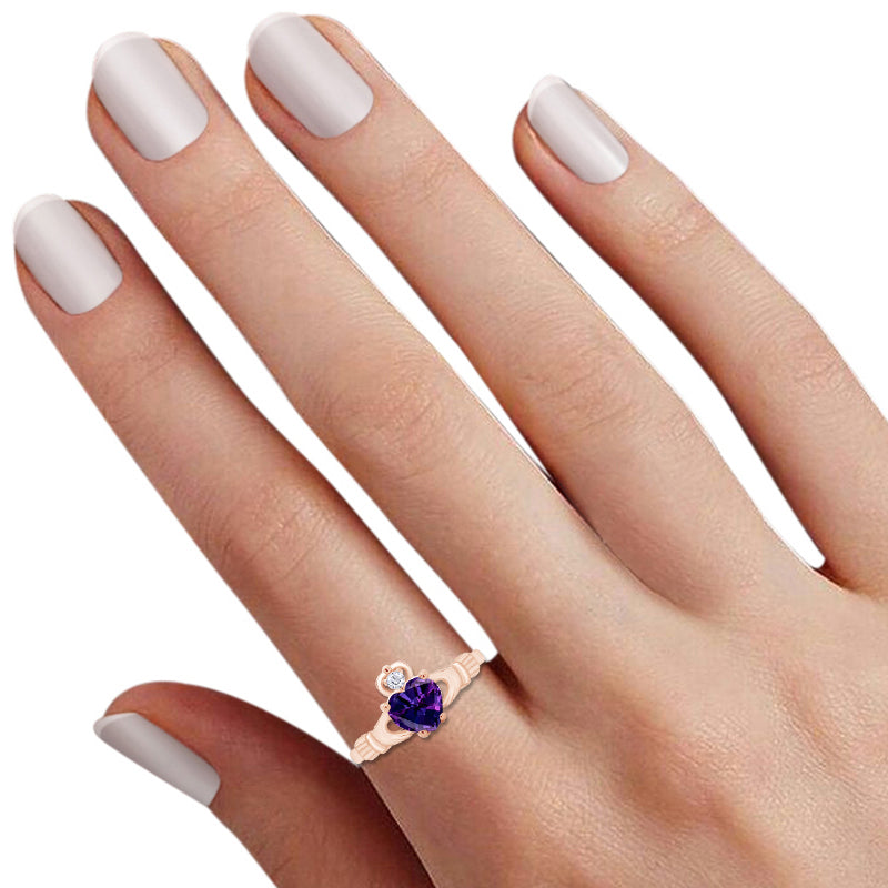 Claddagh Heart Ring Simulated Birthstone & Cubic Zirconia 14k Rose Gold Plated Sterling Silver