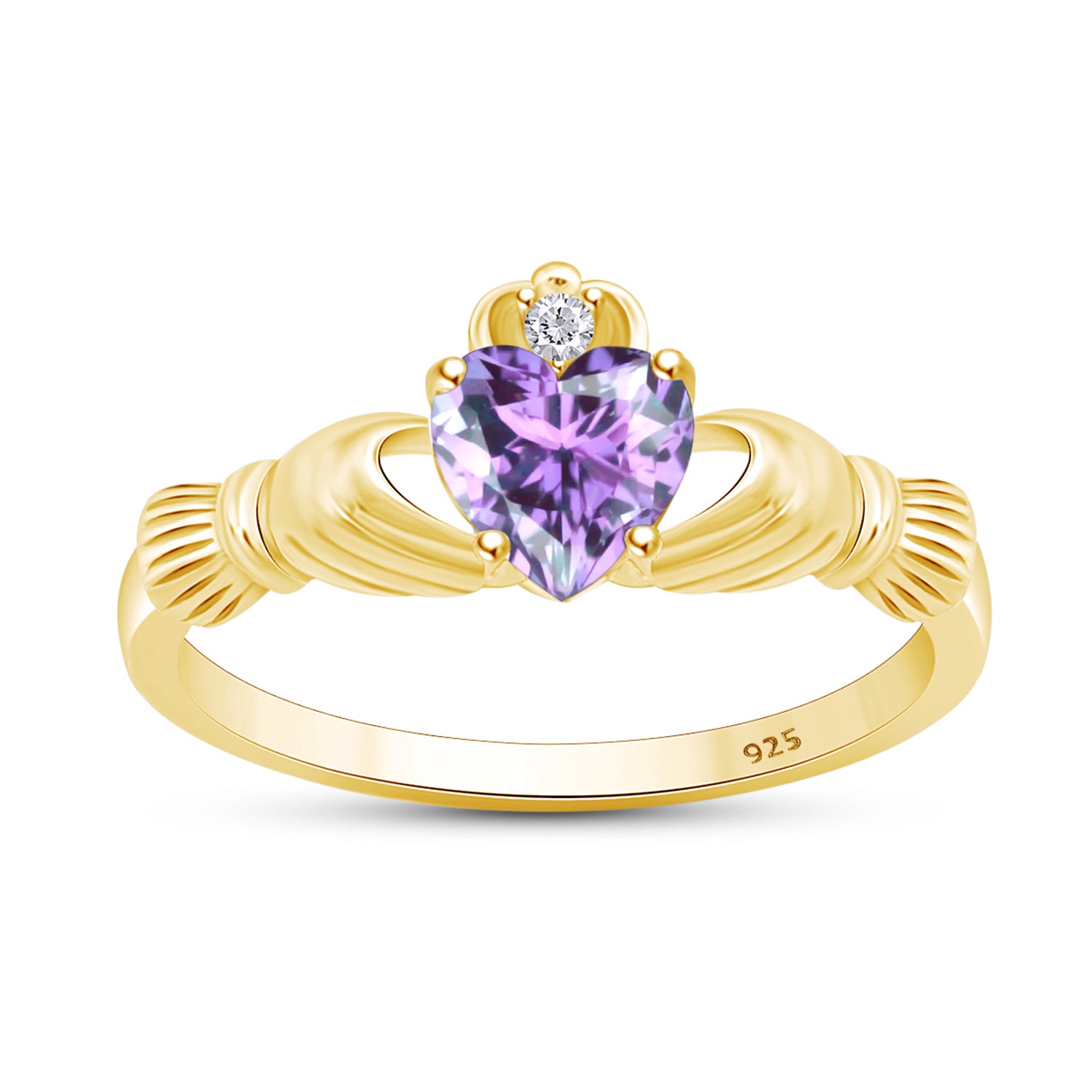Heart Cut Simulated Birthstone & Cubic Zirconia Claddagh Ring In 14k Yellow Gold Over Sterling Silver Jewelry, Mother's Day Gift For Her