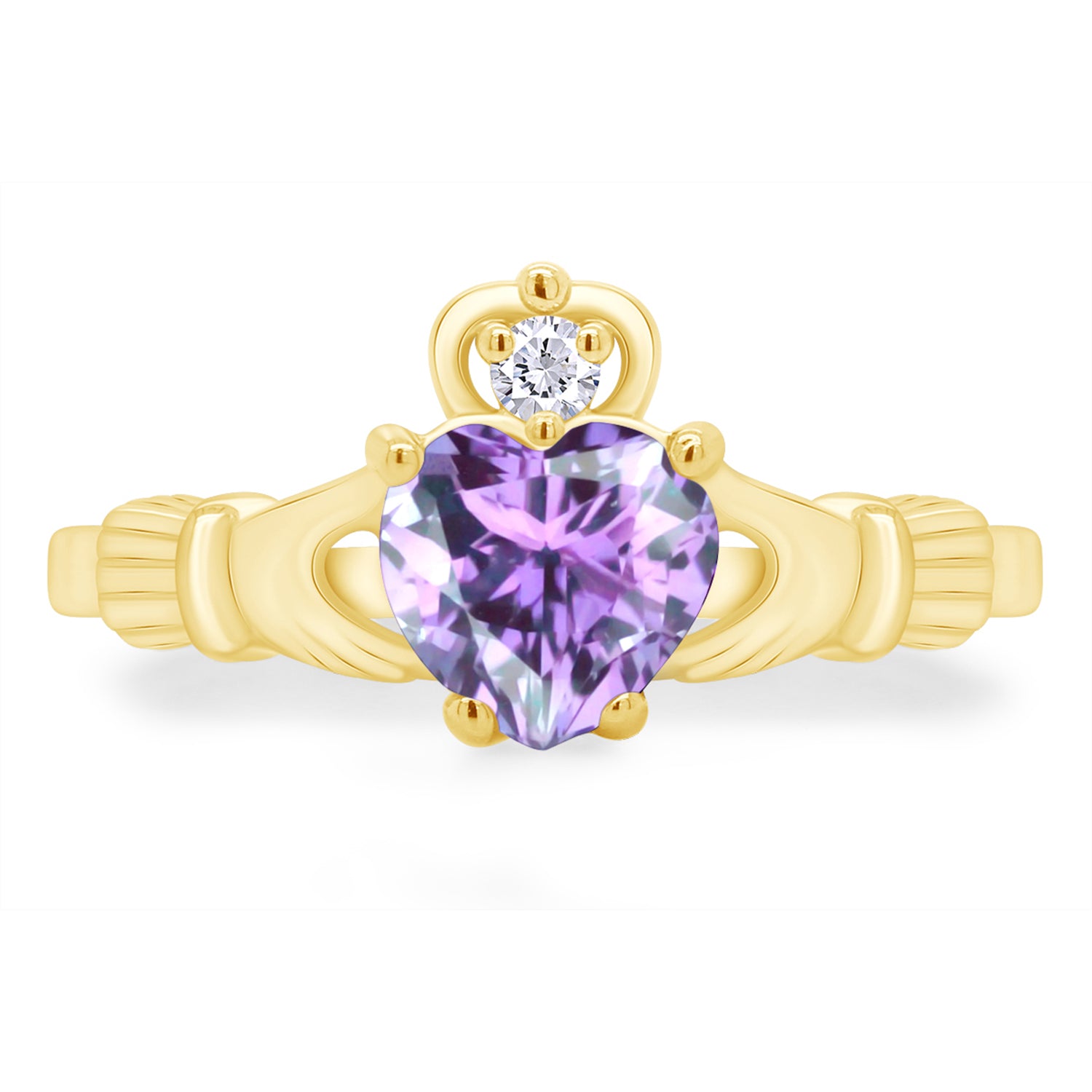 Heart Cut Simulated Birthstone & Cubic Zirconia Claddagh Ring In 14k Yellow Gold Over Sterling Silver Jewelry, Mother's Day Gift For Her
