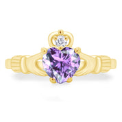 Heart Cut Simulated Birthstone & Cubic Zirconia Claddagh Ring In 14k Yellow Gold Over Sterling Silver Jewelry, Mother's Day Gift For Her