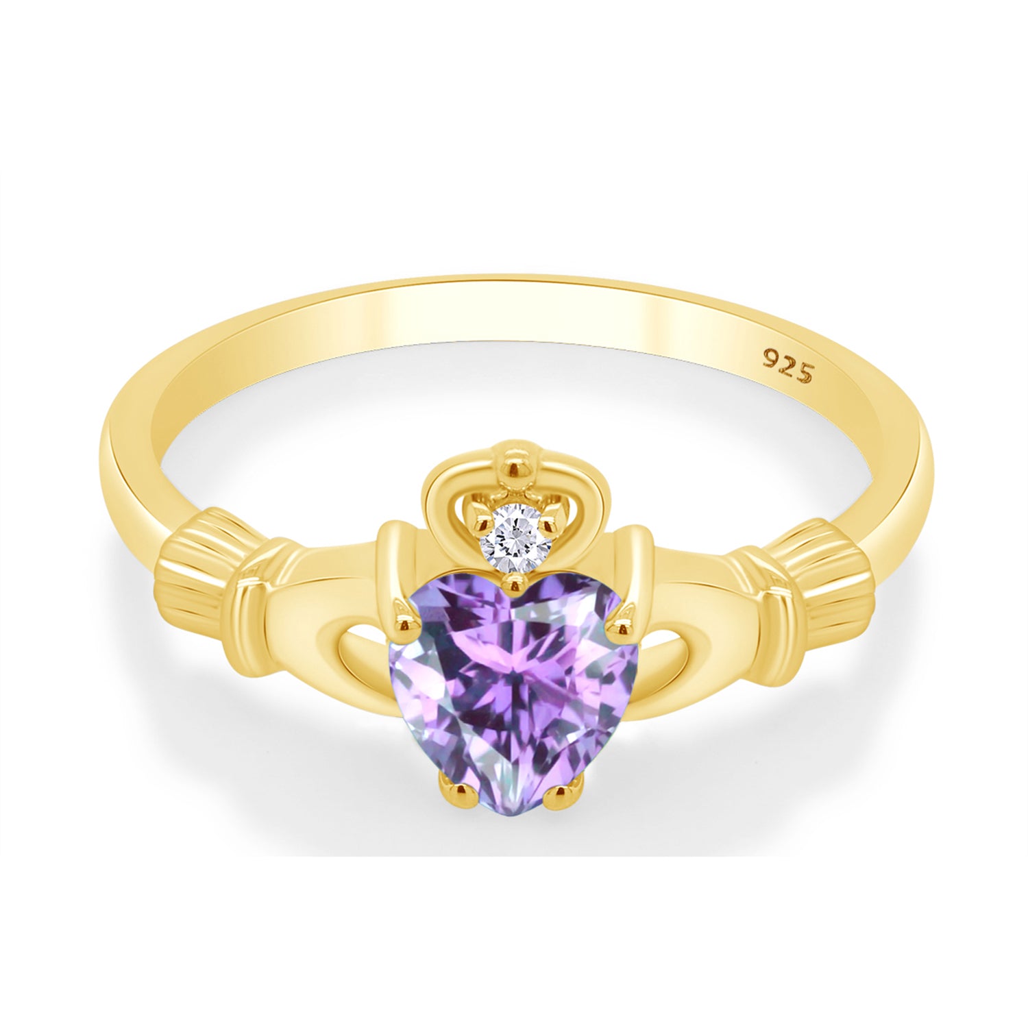 Heart Cut Simulated Birthstone & Cubic Zirconia Claddagh Ring In 14k Yellow Gold Over Sterling Silver Jewelry, Mother's Day Gift For Her