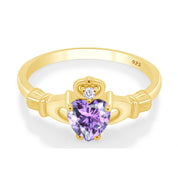 Heart Cut Simulated Birthstone & Cubic Zirconia Claddagh Ring In 14k Yellow Gold Over Sterling Silver Jewelry, Mother's Day Gift For Her