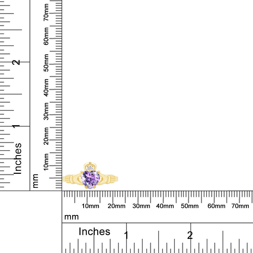 Heart Cut Simulated Birthstone & Cubic Zirconia Claddagh Ring In 14k Yellow Gold Over Sterling Silver Jewelry, Mother's Day Gift For Her