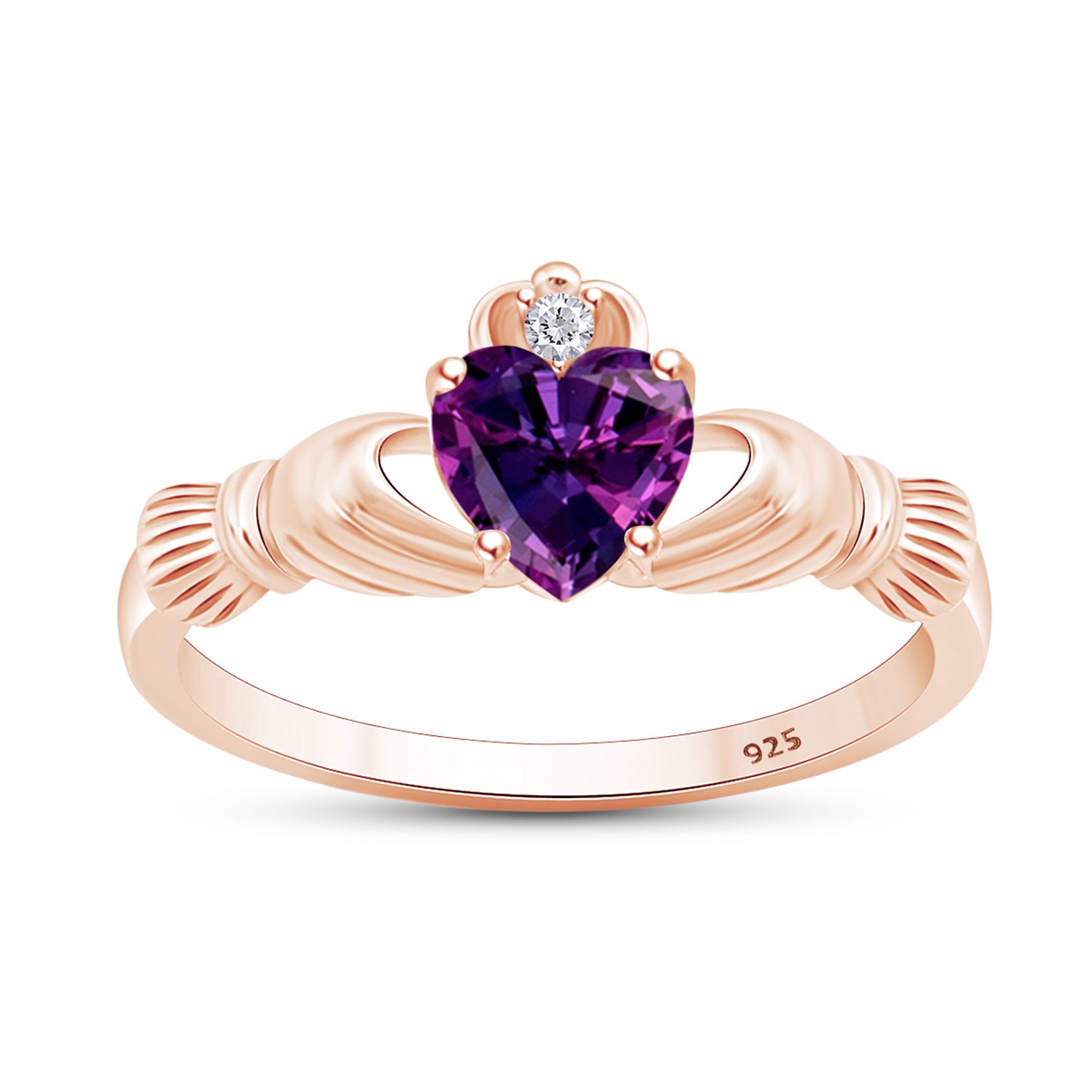 Claddagh Heart Ring Simulated Birthstone & Cubic Zirconia 14k Rose Gold Plated Sterling Silver