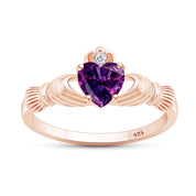 Claddagh Heart Ring Simulated Birthstone & Cubic Zirconia 14k Rose Gold Plated Sterling Silver