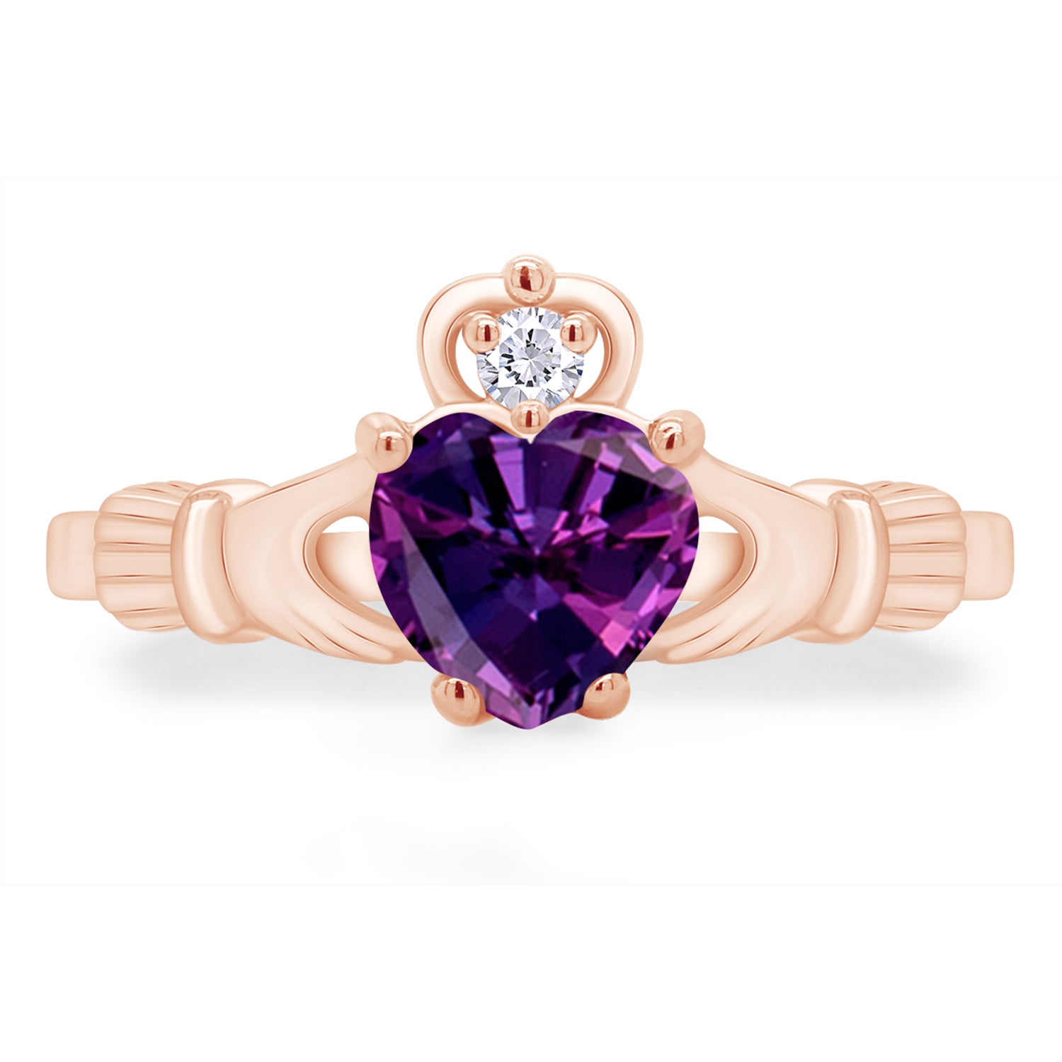 Claddagh Heart Ring Simulated Birthstone & Cubic Zirconia 14k Rose Gold Plated Sterling Silver