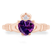 Claddagh Heart Ring Simulated Birthstone & Cubic Zirconia 14k Rose Gold Plated Sterling Silver