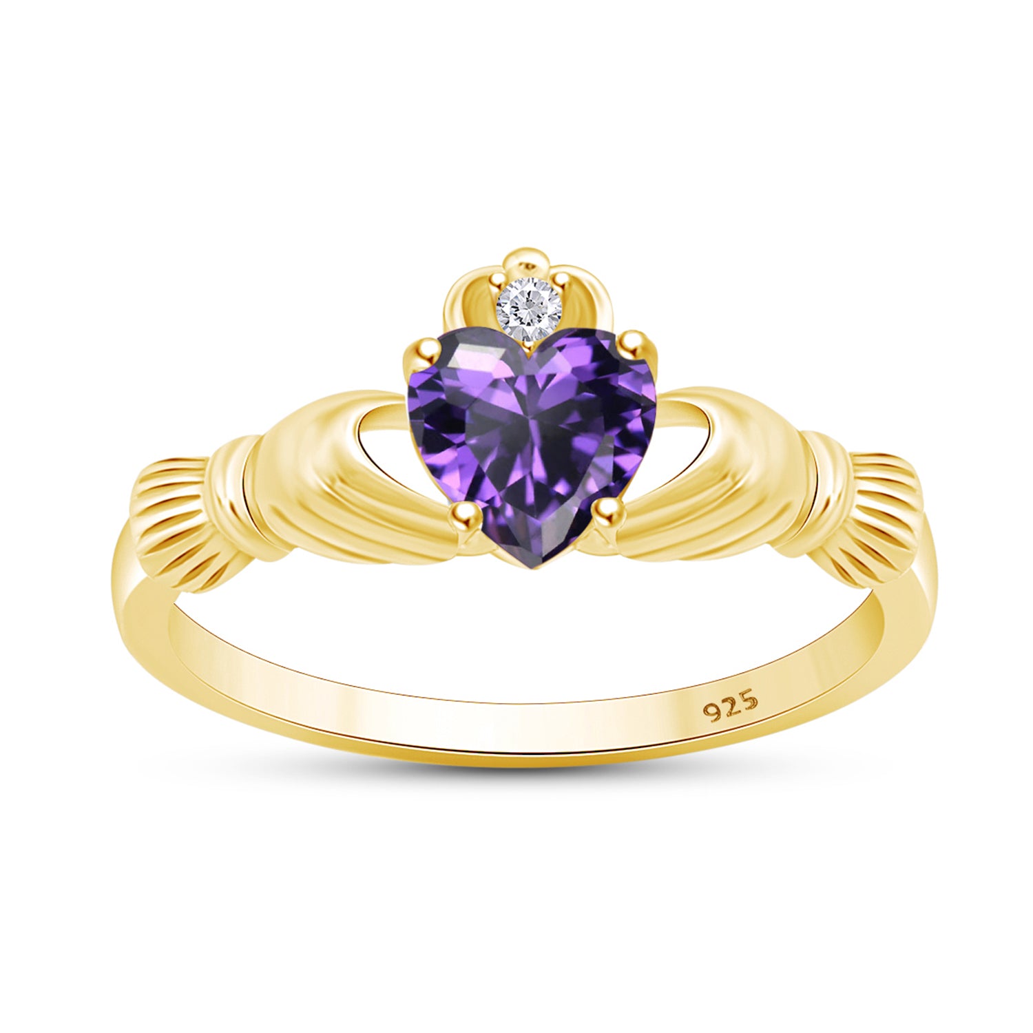 Heart Cut Simulated Birthstone & Cubic Zirconia Claddagh Ring In 14k Yellow Gold Over Sterling Silver Jewelry, Mother's Day Gift For Her