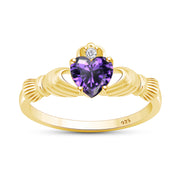 Heart Cut Simulated Birthstone & Cubic Zirconia Claddagh Ring In 14k Yellow Gold Over Sterling Silver Jewelry, Mother's Day Gift For Her