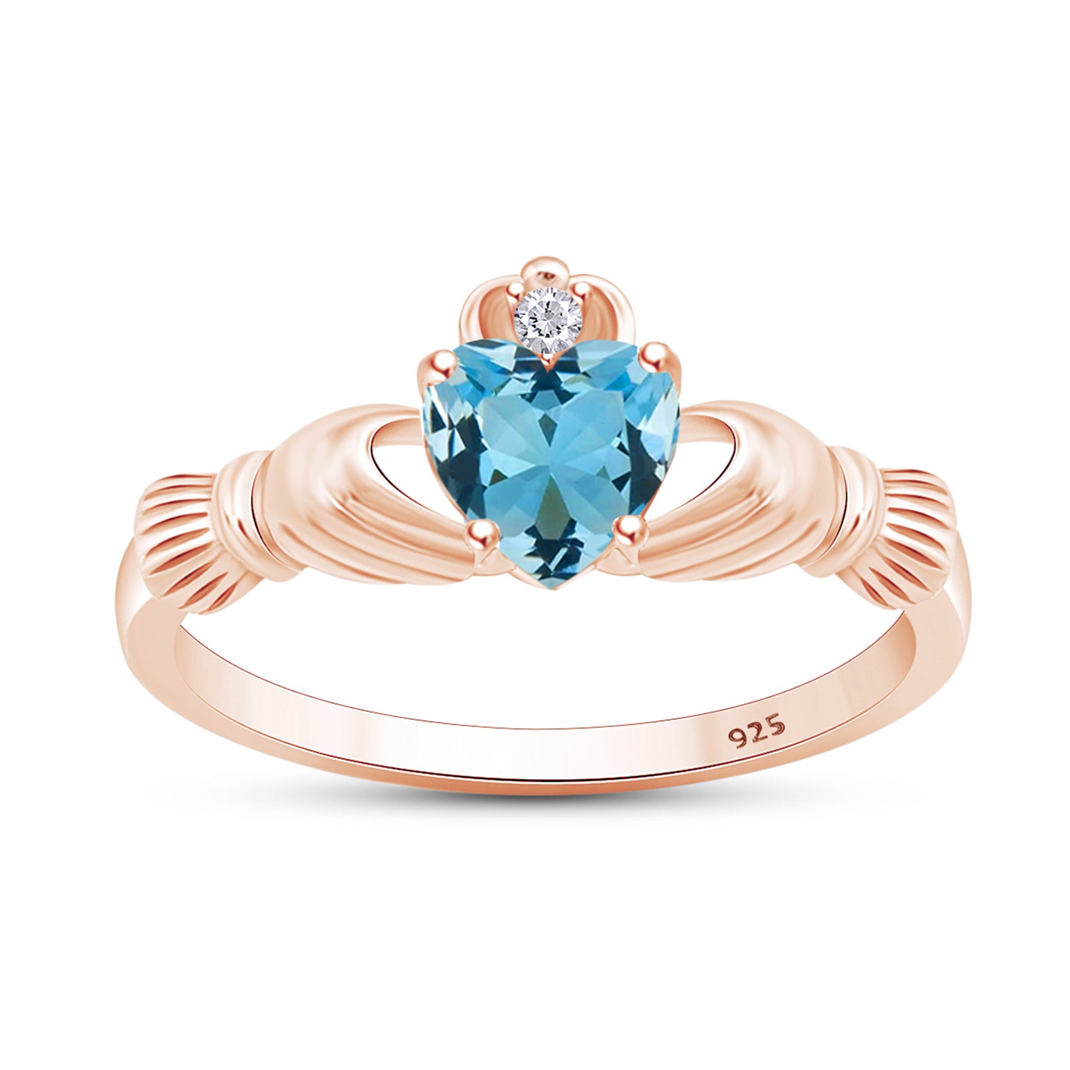 Claddagh Heart Ring Simulated Birthstone & Cubic Zirconia 14k Rose Gold Plated Sterling Silver