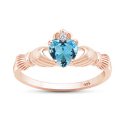 Claddagh Heart Ring Simulated Birthstone & Cubic Zirconia 14k Rose Gold Plated Sterling Silver