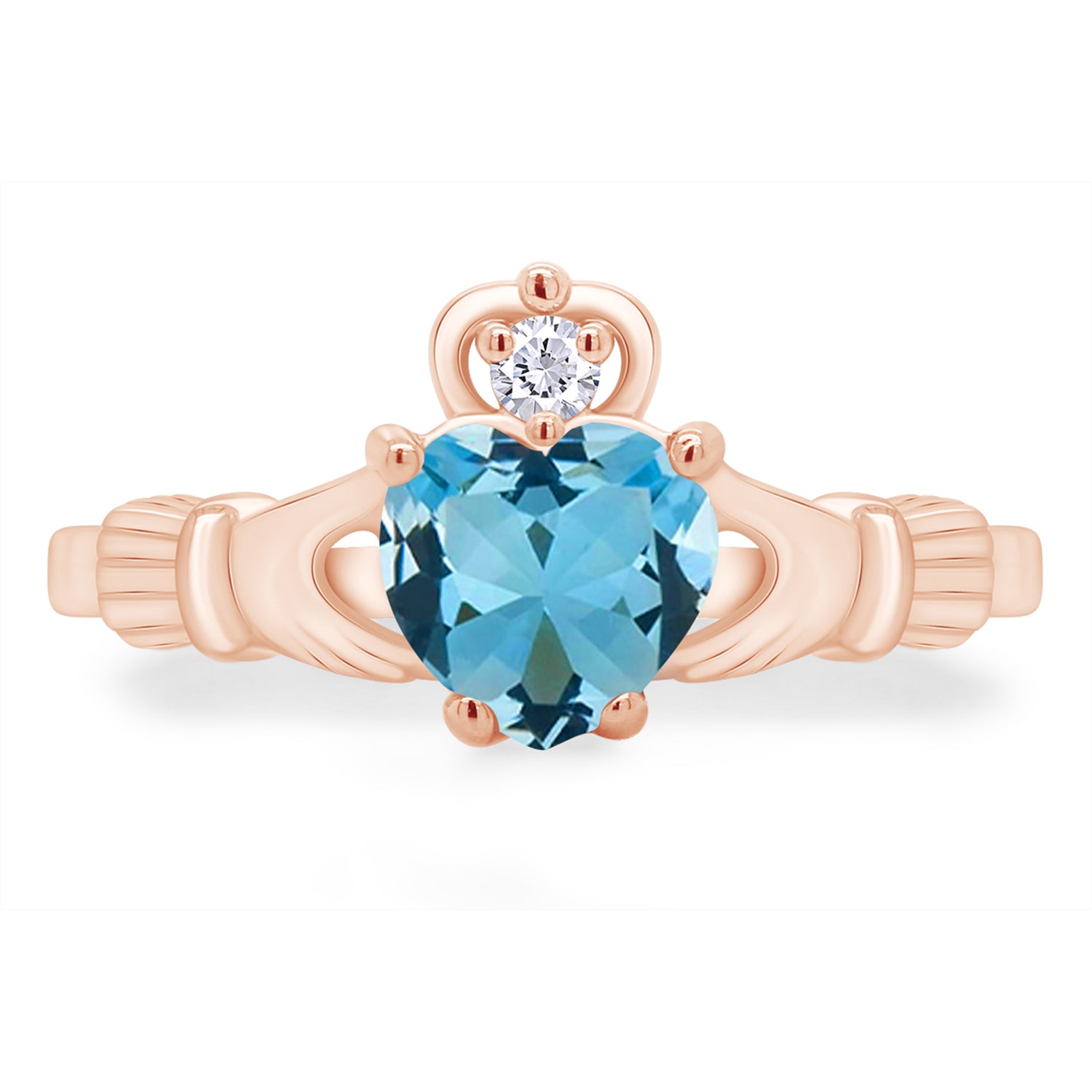 Claddagh Heart Ring Simulated Birthstone & Cubic Zirconia 14k Rose Gold Plated Sterling Silver