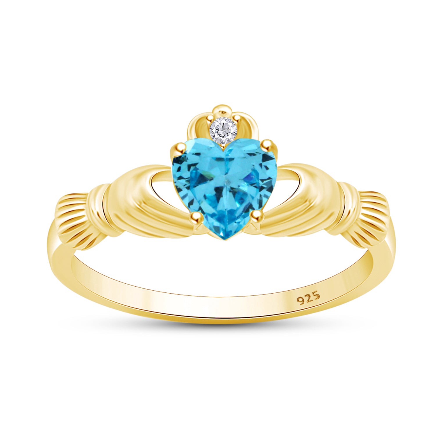 Heart Cut Simulated Birthstone & Cubic Zirconia Claddagh Ring In 14k Yellow Gold Over Sterling Silver Jewelry, Mother's Day Gift For Her