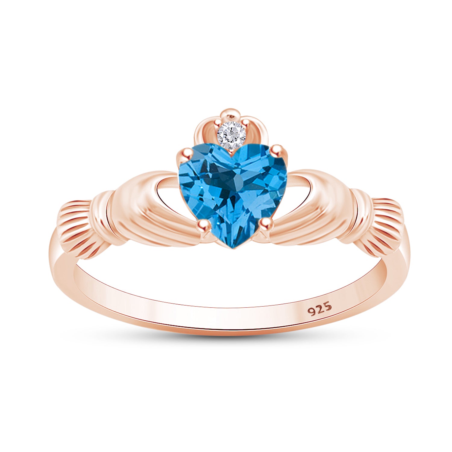 Claddagh Heart Ring Simulated Birthstone & Cubic Zirconia 14k Rose Gold Plated Sterling Silver