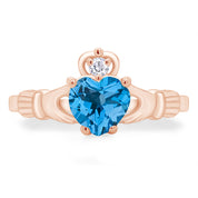 Claddagh Heart Ring Simulated Birthstone & Cubic Zirconia 14k Rose Gold Plated Sterling Silver