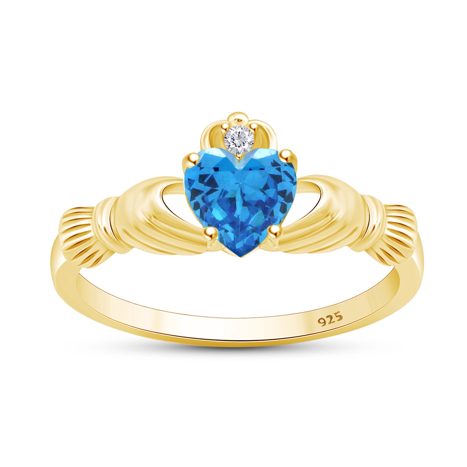 Heart Cut Simulated Birthstone & Cubic Zirconia Claddagh Ring In 14k Yellow Gold Over Sterling Silver Jewelry, Mother's Day Gift For Her