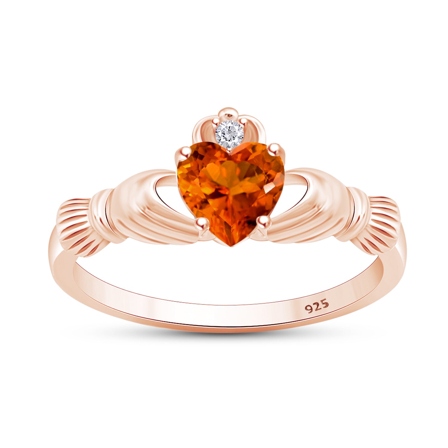 Claddagh Heart Ring Simulated Birthstone & Cubic Zirconia 14k Rose Gold Plated Sterling Silver