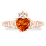 Claddagh Heart Ring Simulated Birthstone & Cubic Zirconia 14k Rose Gold Plated Sterling Silver