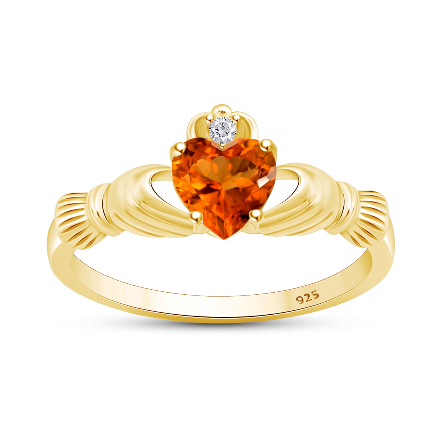 Heart Cut Simulated Birthstone & Cubic Zirconia Claddagh Ring In 14k Yellow Gold Over Sterling Silver Jewelry, Mother's Day Gift For Her