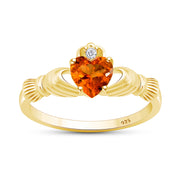 Heart Cut Simulated Birthstone & Cubic Zirconia Claddagh Ring In 14k Yellow Gold Over Sterling Silver Jewelry, Mother's Day Gift For Her