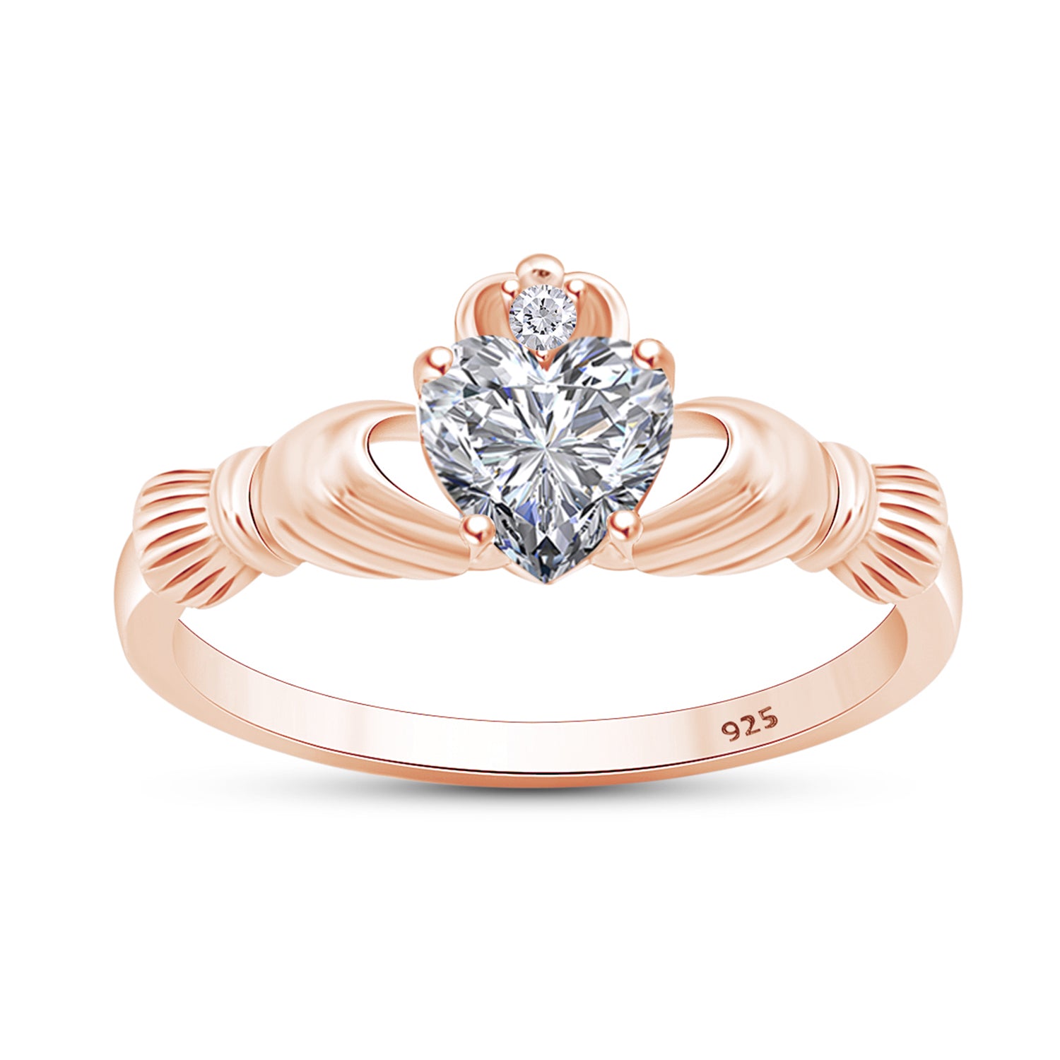 Claddagh Heart Ring Simulated Birthstone & Cubic Zirconia 14k Rose Gold Plated Sterling Silver