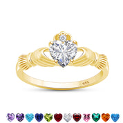 Heart Cut Simulated Birthstone & Cubic Zirconia Claddagh Ring In 14k Yellow Gold Over Sterling Silver Jewelry, Mother's Day Gift For Her