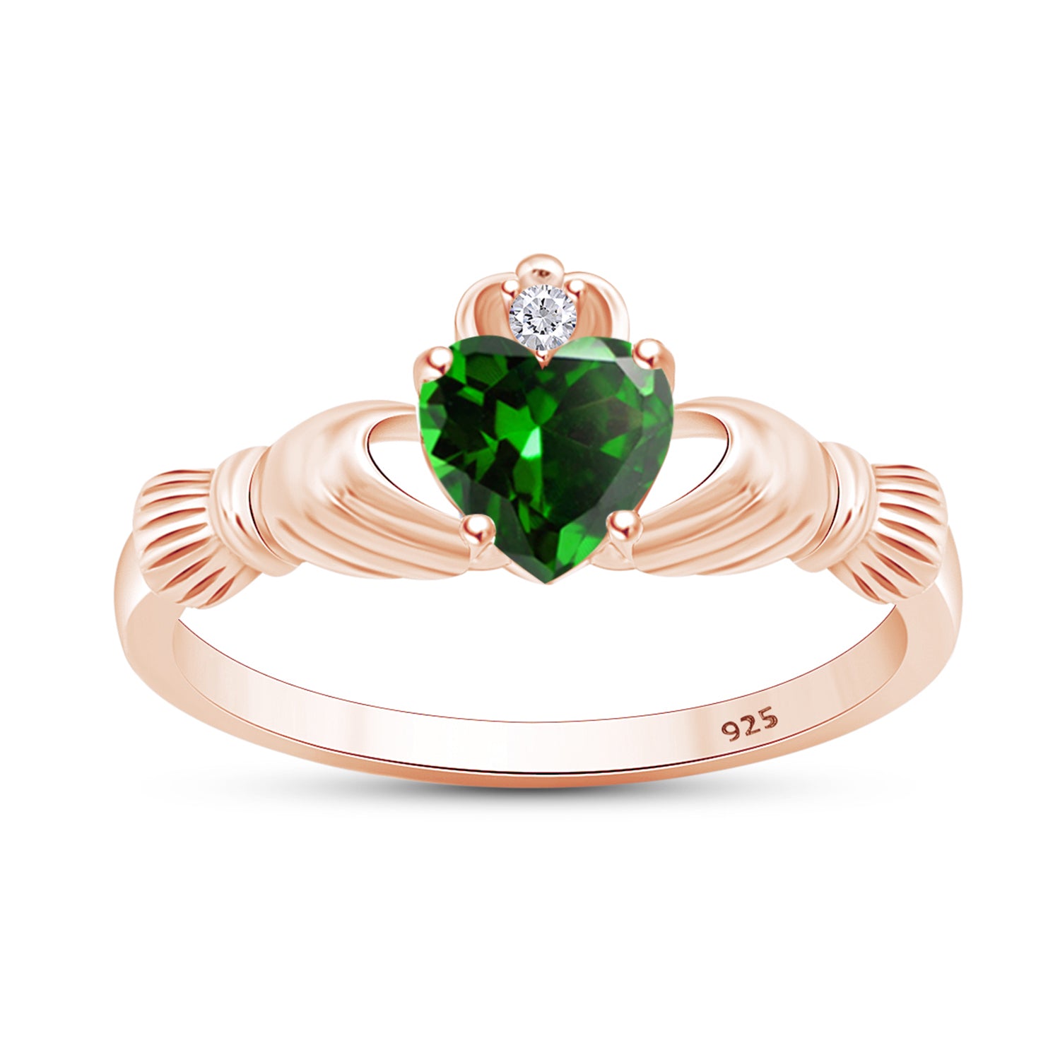 Claddagh Heart Ring Simulated Birthstone & Cubic Zirconia 14k Rose Gold Plated Sterling Silver
