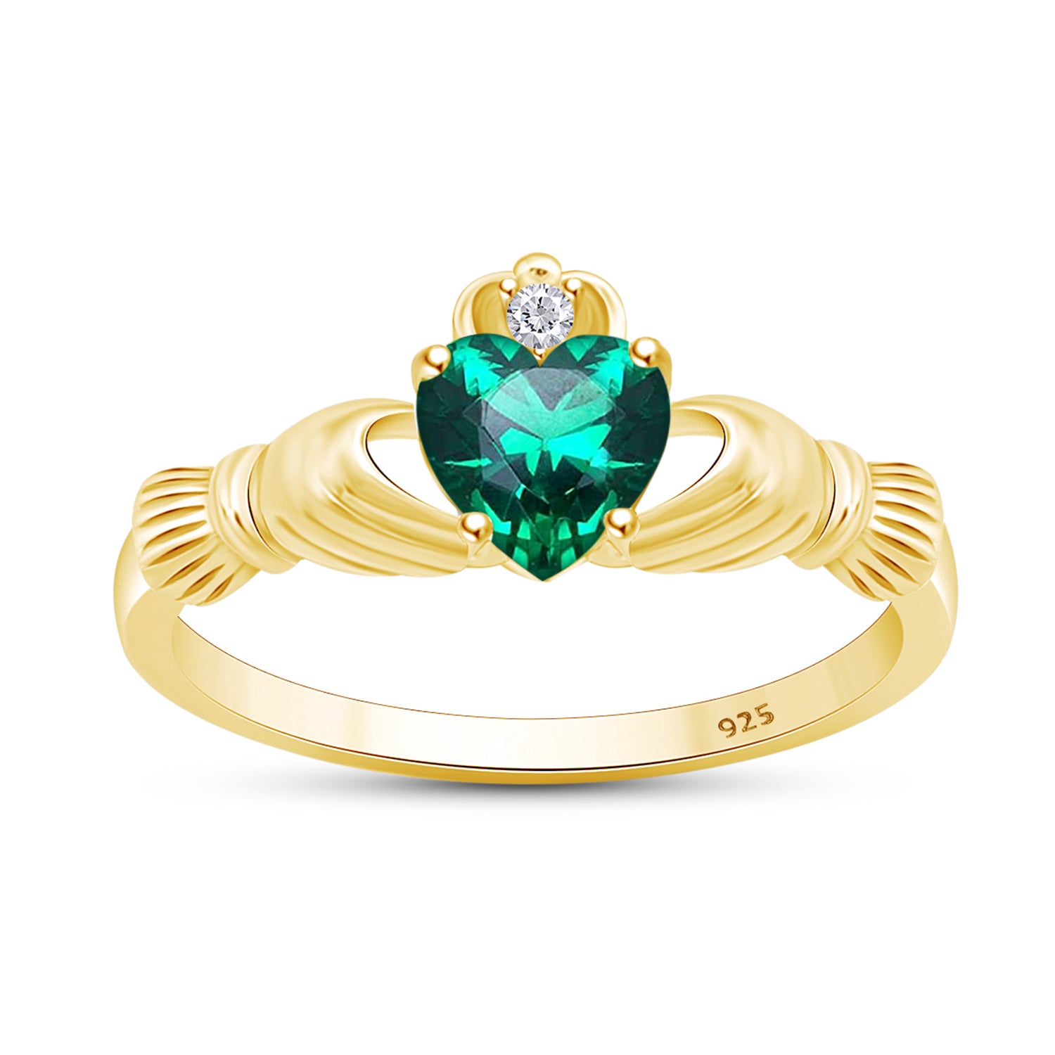 Heart Cut Simulated Birthstone & Cubic Zirconia Claddagh Ring In 14k Yellow Gold Over Sterling Silver Jewelry, Mother's Day Gift For Her