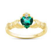 Heart Cut Simulated Birthstone & Cubic Zirconia Claddagh Ring In 14k Yellow Gold Over Sterling Silver Jewelry, Mother's Day Gift For Her