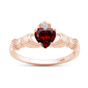 Claddagh Heart Ring Simulated Birthstone & Cubic Zirconia 14k Rose Gold Plated Sterling Silver