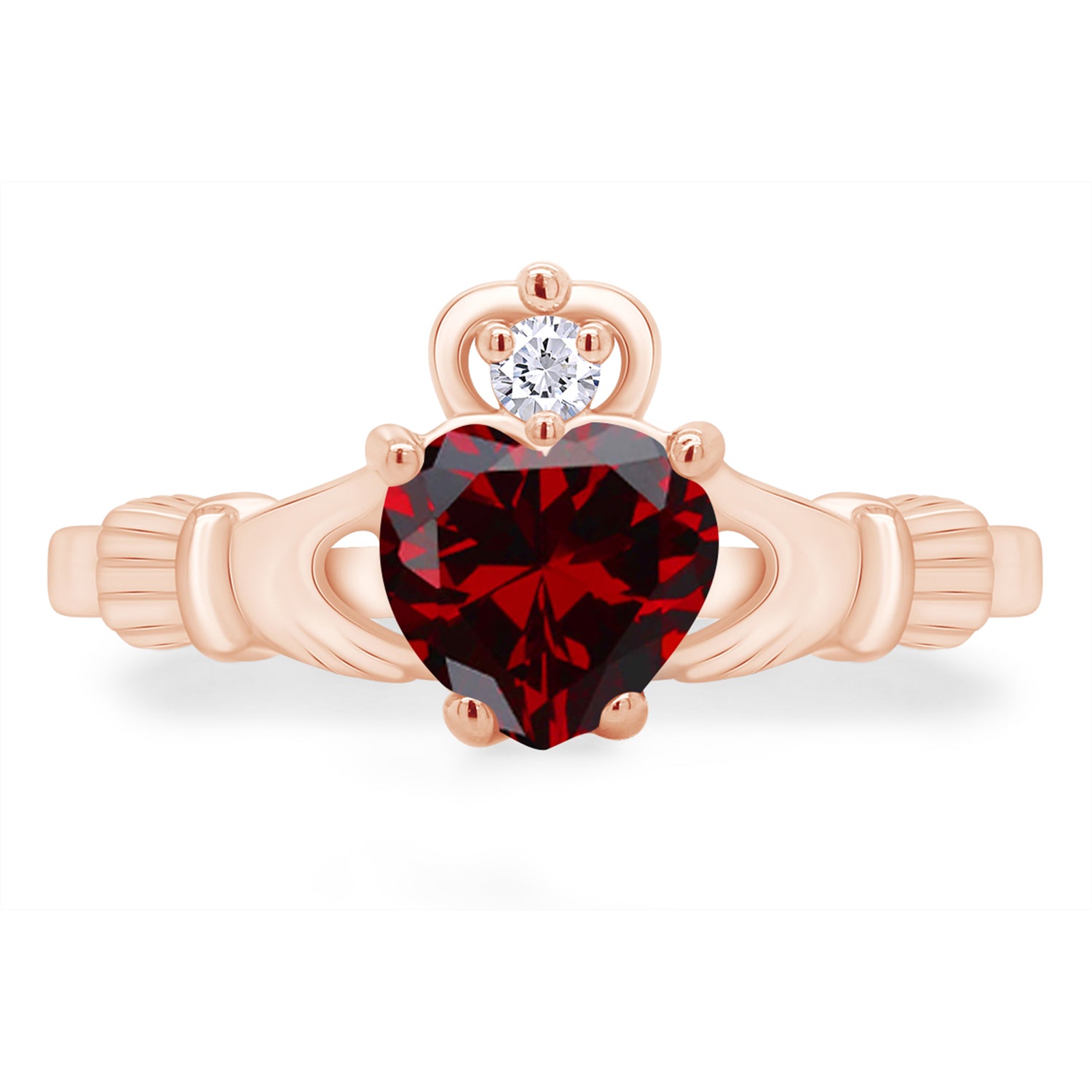 Claddagh Heart Ring Simulated Birthstone & Cubic Zirconia 14k Rose Gold Plated Sterling Silver