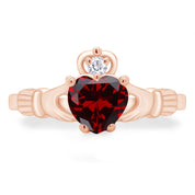 Claddagh Heart Ring Simulated Birthstone & Cubic Zirconia 14k Rose Gold Plated Sterling Silver