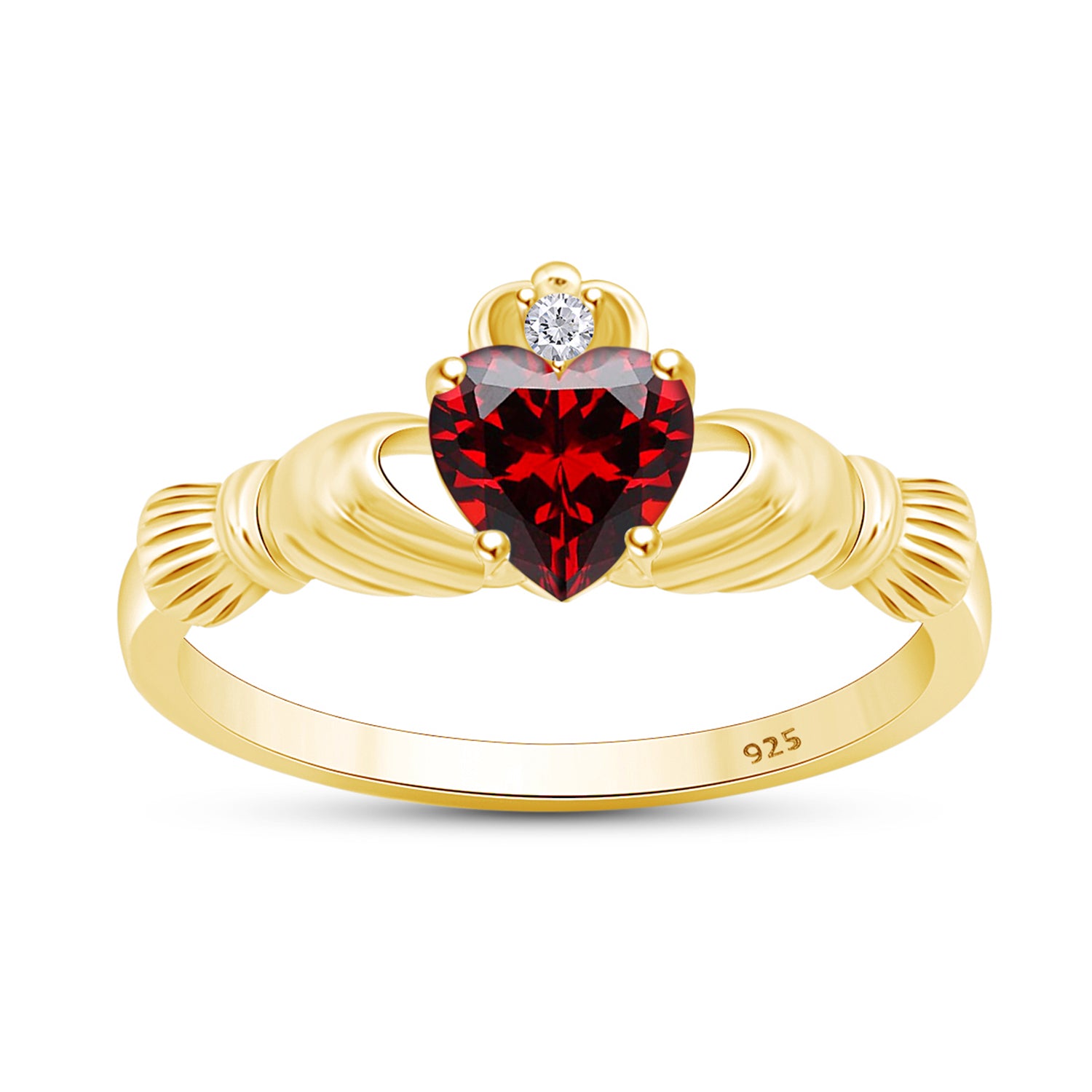 Heart Cut Simulated Birthstone & Cubic Zirconia Claddagh Ring In 14k Yellow Gold Over Sterling Silver Jewelry, Mother's Day Gift For Her