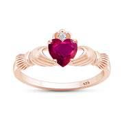 Claddagh Heart Ring Simulated Birthstone & Cubic Zirconia 14k Rose Gold Plated Sterling Silver