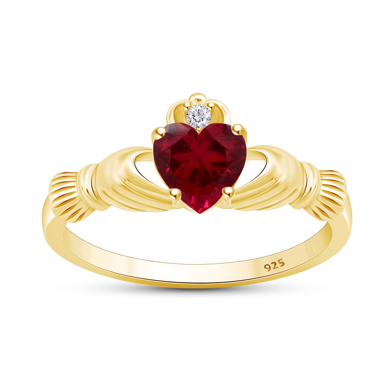 Heart Cut Simulated Birthstone & Cubic Zirconia Claddagh Ring In 14k Yellow Gold Over Sterling Silver Jewelry, Mother's Day Gift For Her