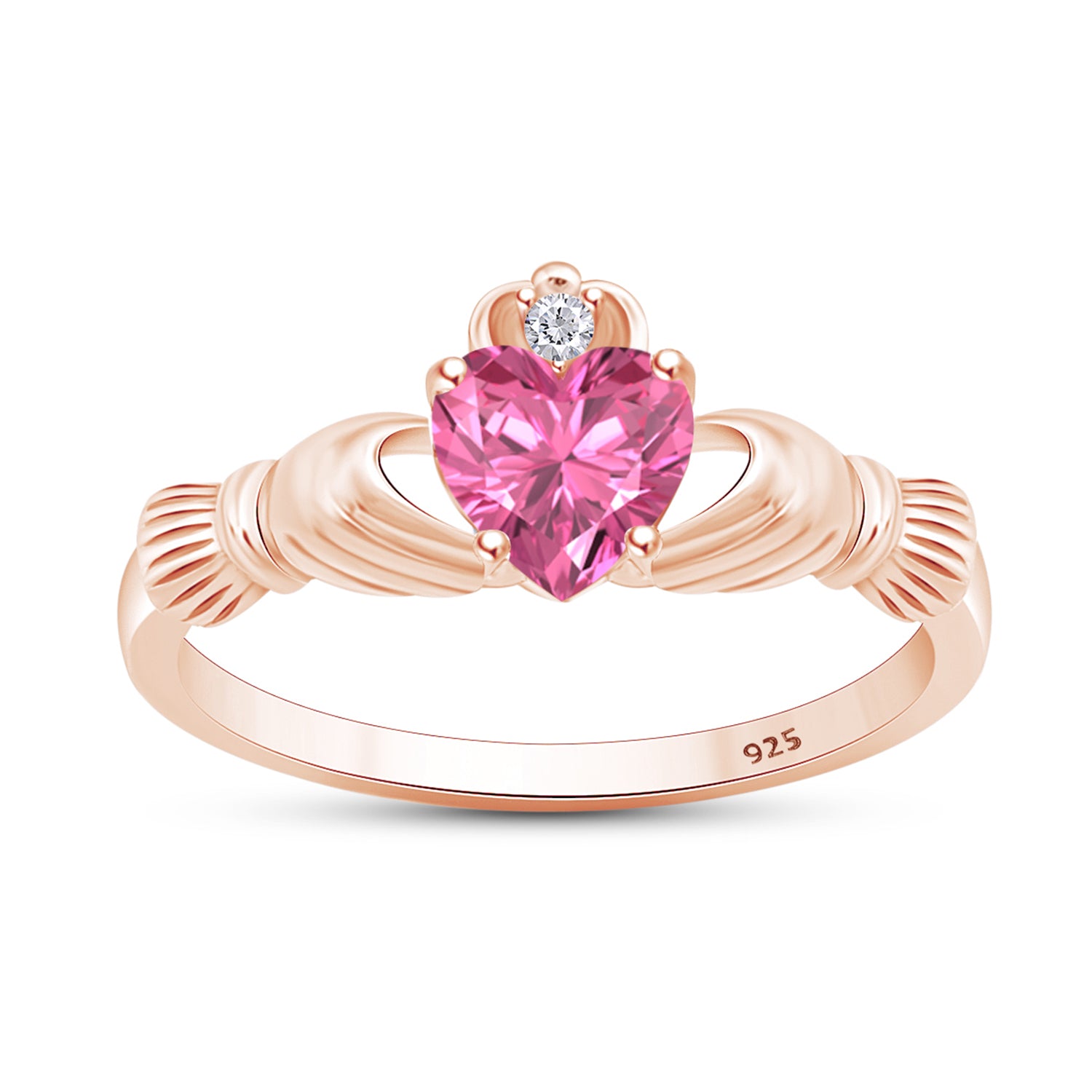 Claddagh Heart Ring Simulated Birthstone & Cubic Zirconia 14k Rose Gold Plated Sterling Silver