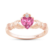 Claddagh Heart Ring Simulated Birthstone & Cubic Zirconia 14k Rose Gold Plated Sterling Silver