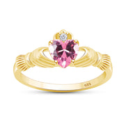 Heart Cut Simulated Birthstone & Cubic Zirconia Claddagh Ring In 14k Yellow Gold Over Sterling Silver Jewelry, Mother's Day Gift For Her