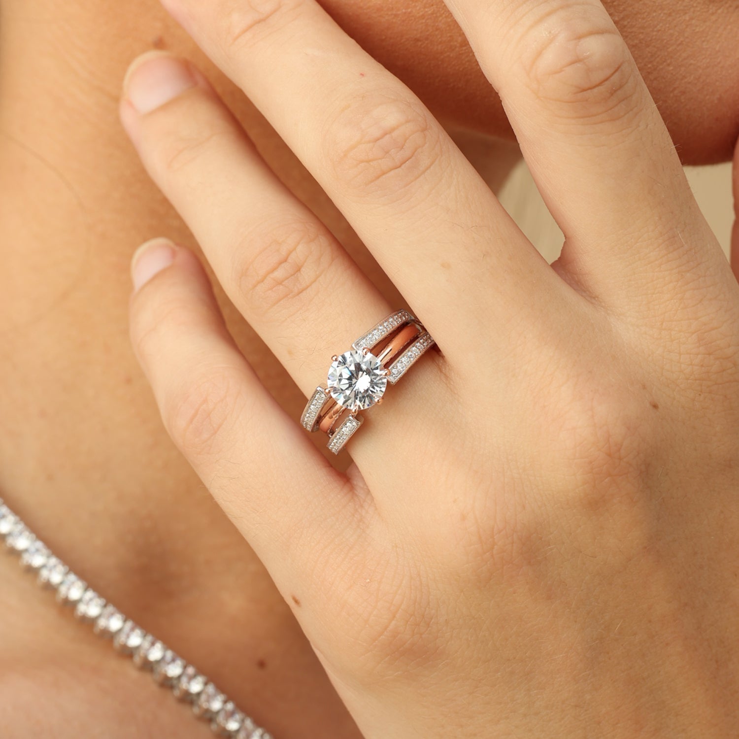 Round Lab Created Moissanite Diamond Cathedral Enhancer Guard Ring In 14K Gold Over Sterling Silver Jewelry For Women (G-H Color, 0.20 Cttw), Valentine's Day Gift For Her