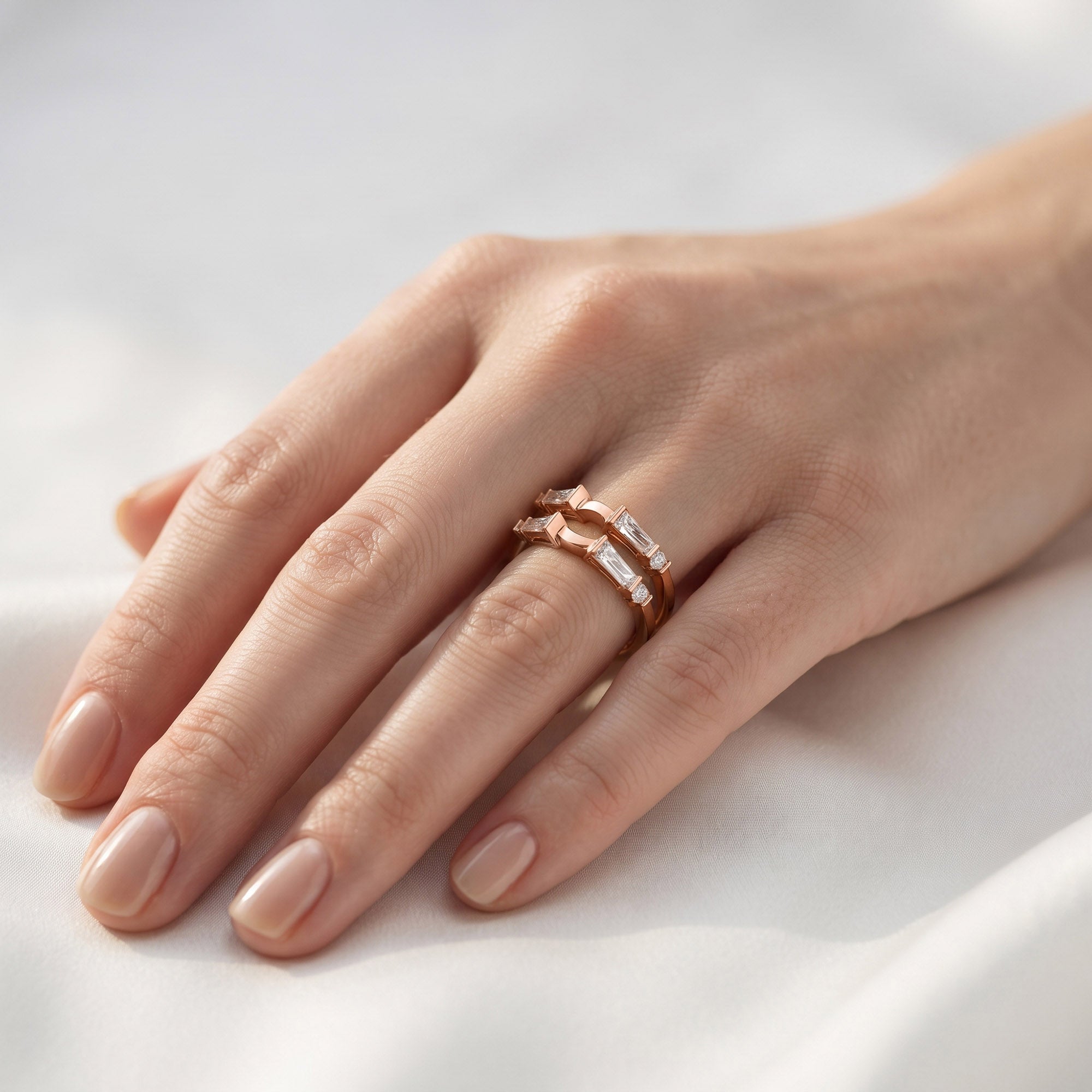 3/4 Carat Tapered & Round White Cubic Zirconia Enhancer Guard Ring Gift For Her