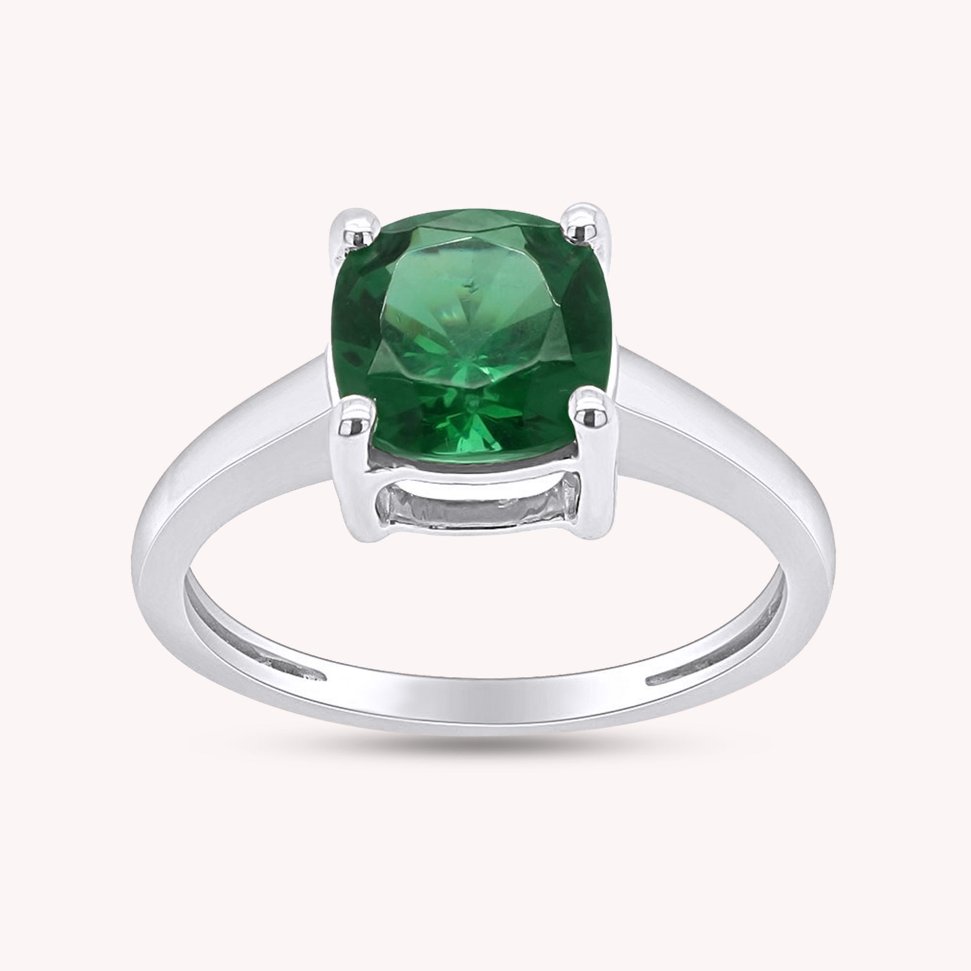 7MM Cushion-Cut Simulated Green Emerald Solitaire Ring Gift For Her
