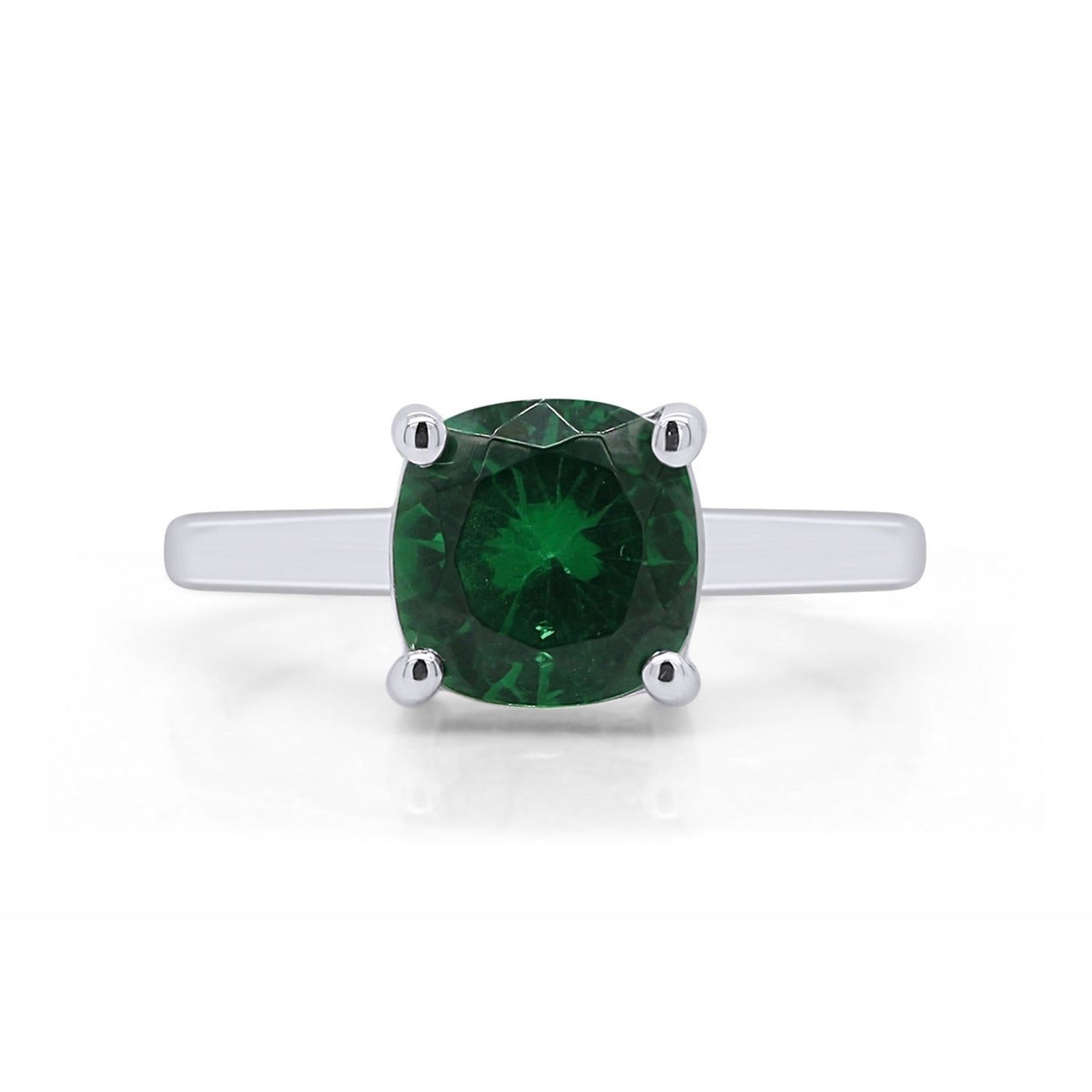 7MM Cushion-Cut Simulated Green Emerald Solitaire Ring in 14k Gold Over Sterling Silver (2 Ct) Gift For Her