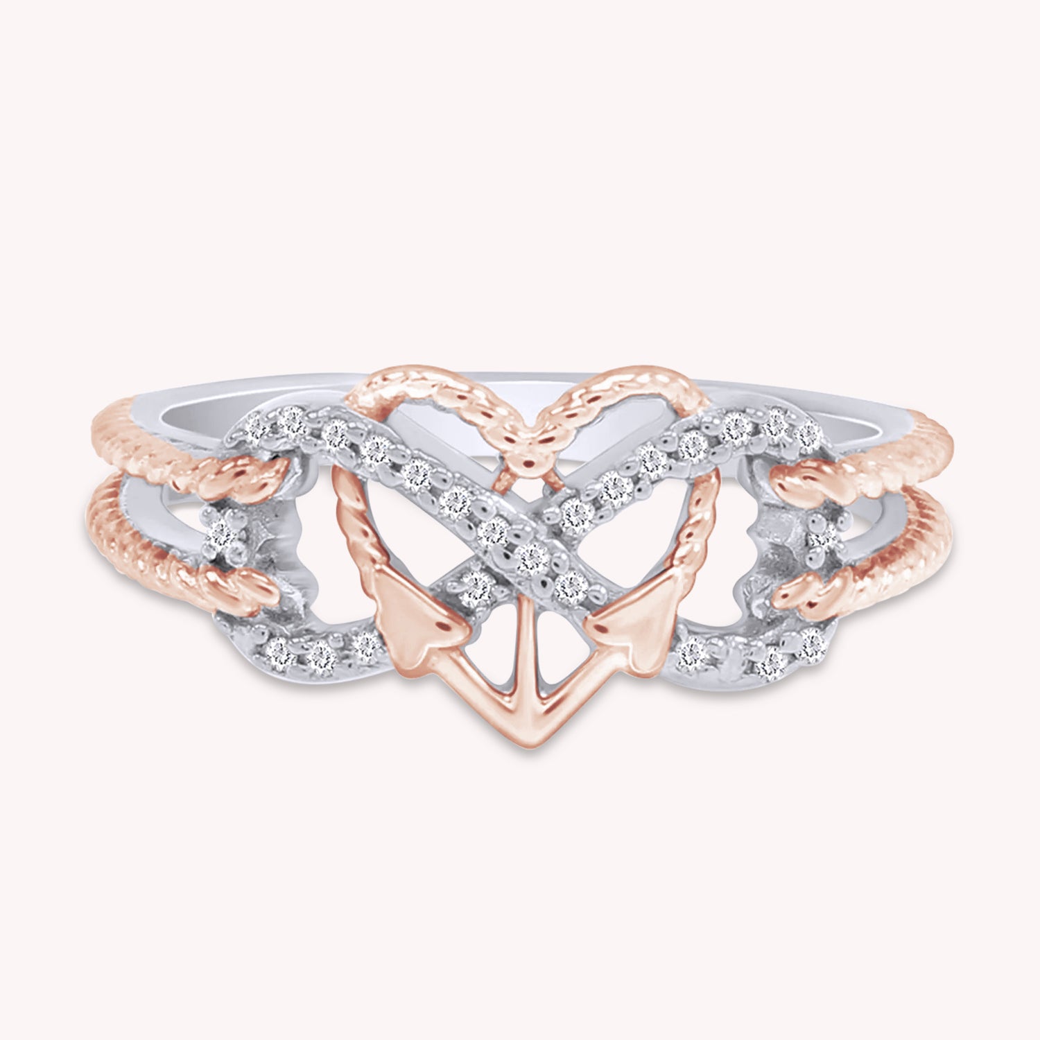 1/10 CT Natural Diamond Two Tone Heart Infinity Anchor Rope Promise Ring 14k Gold Over Sterling Silver (I-J Color, I2-I3 Clarity, 0.10 Cttw) Gift For Her