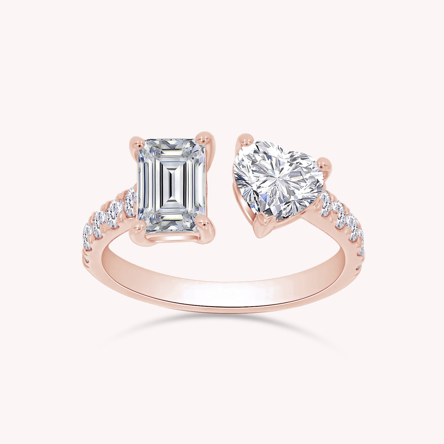 1.90 Carat Emerald, Heart & Round Cut Lab Created Moissanite Adjustable Toi Et Moi Ring In 925 Sterling Silver & 10K Solid Gold