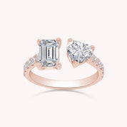 1.90 Carat Emerald, Heart & Round Cut Lab Created Moissanite Adjustable Toi Et Moi Ring In 925 Sterling Silver & 10K Solid Gold