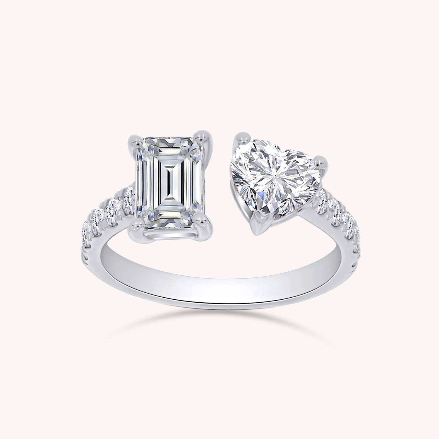 1.90 Carat Emerald, Heart & Round Cut Lab Created Moissanite Adjustable Toi Et Moi Ring In 925 Sterling Silver & 10K Solid Gold