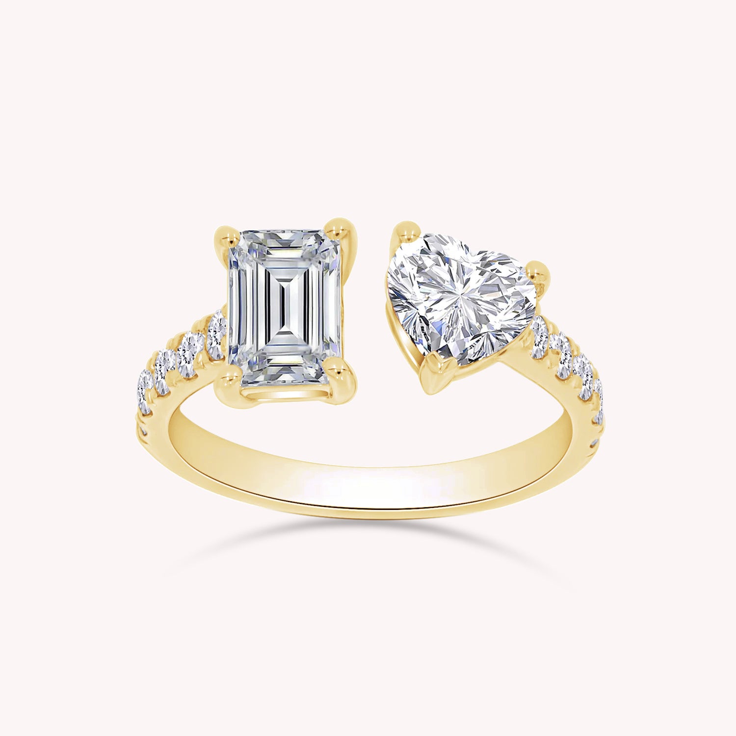 1.90 Carat Emerald, Heart & Round Cut Lab Created Moissanite Adjustable Toi Et Moi Ring In 925 Sterling Silver & 10K Solid Gold