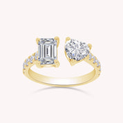 1.90 Carat Emerald, Heart & Round Cut Lab Created Moissanite Adjustable Toi Et Moi Ring In 925 Sterling Silver & 10K Solid Gold
