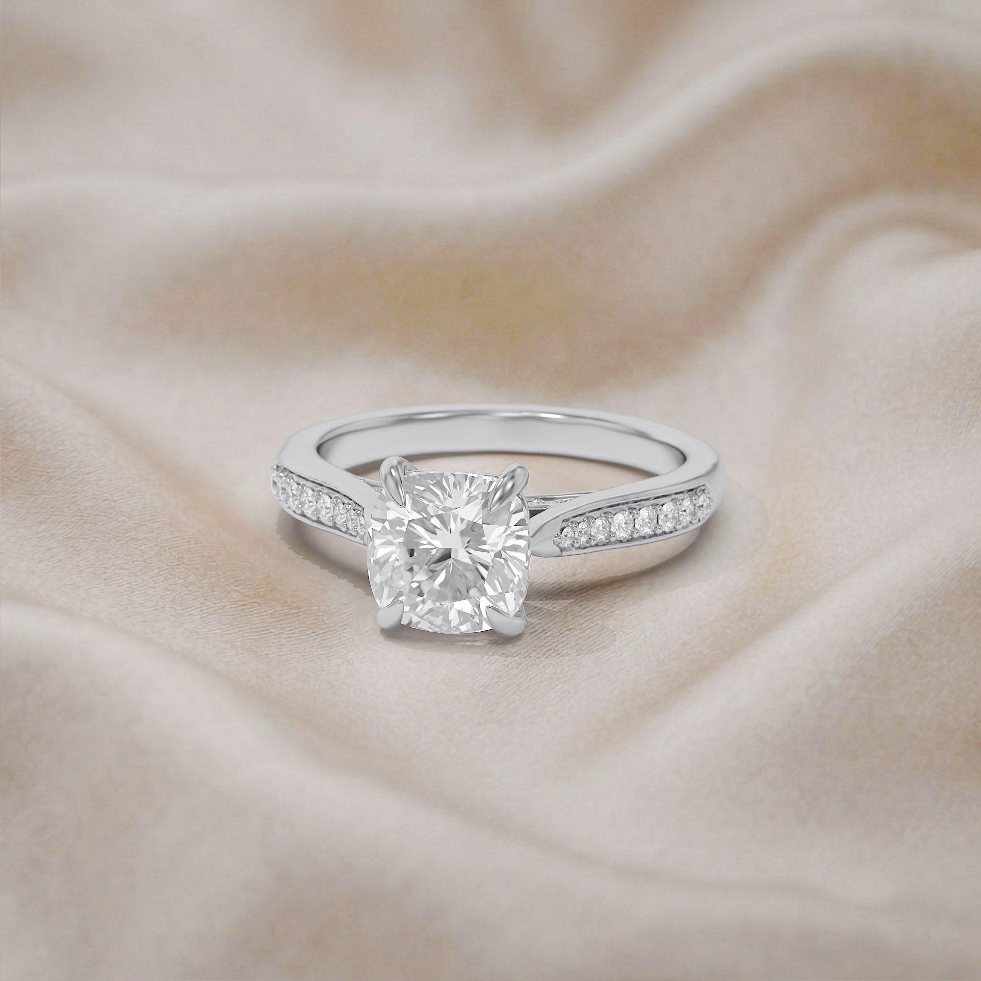 Luxury Cushion Cut Lab Grown Diamond Ring with Sparkling Side Stones