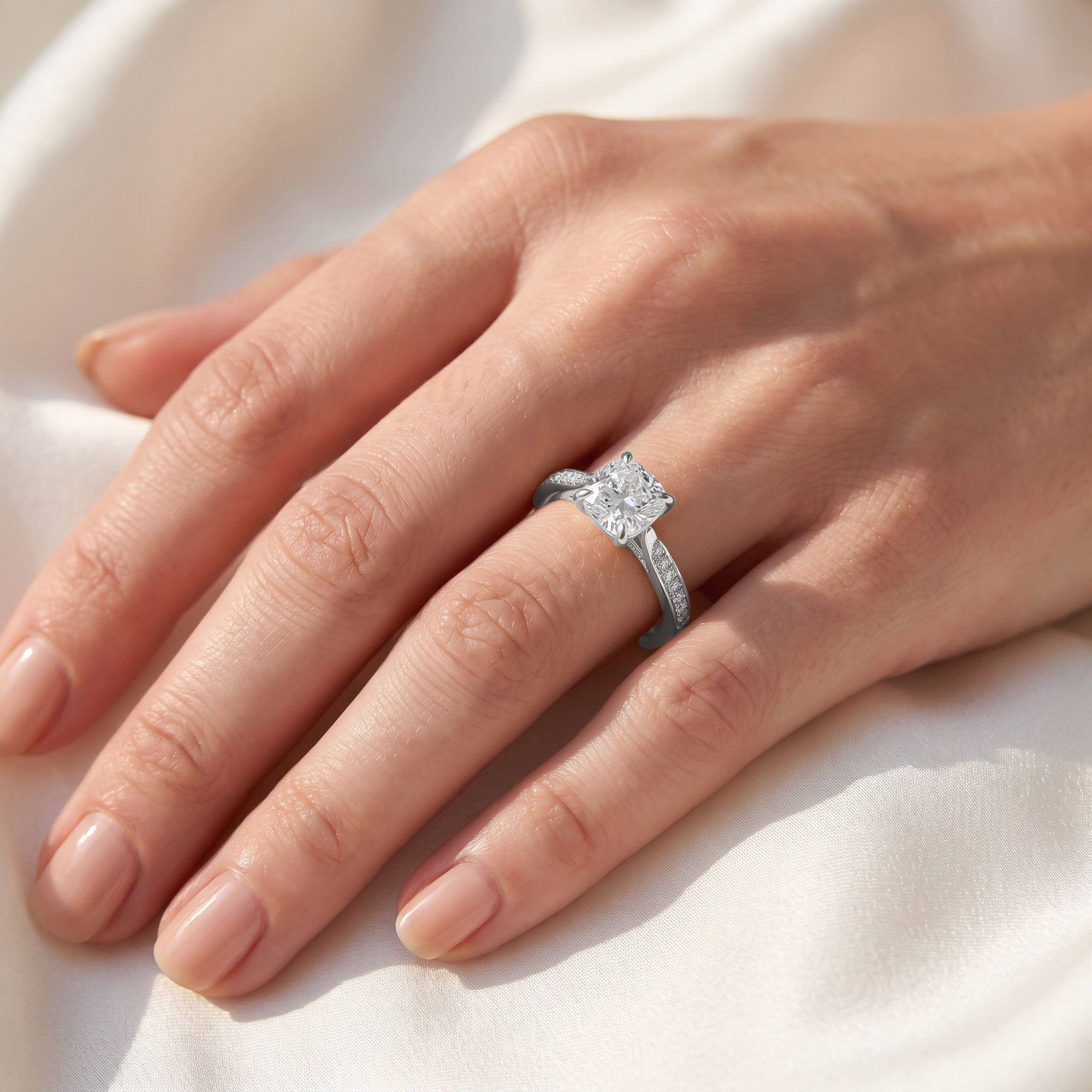 Luxury Cushion Cut Lab Grown Diamond Ring with Sparkling Side Stones